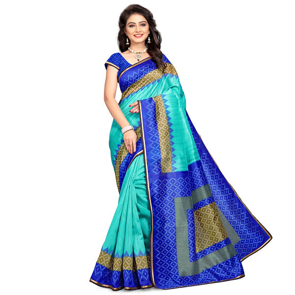 Traditional Poly Cotton Sarees Blue & Green Printed Casual Cotton Sari For Women
