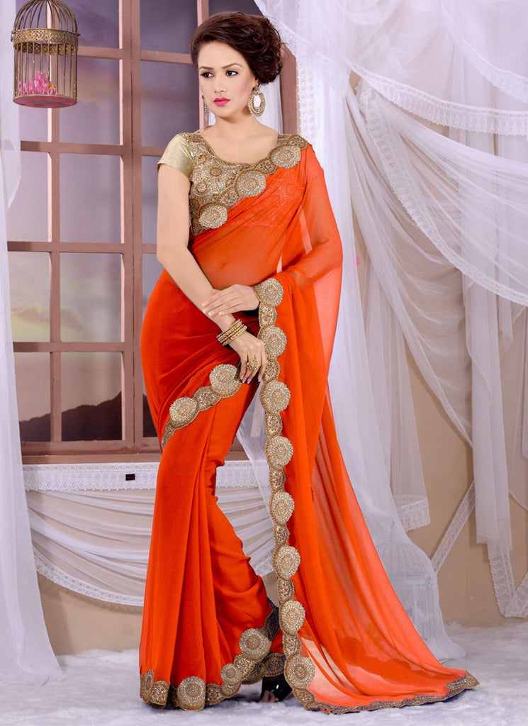 Embroidered Georgette Saree in Red with Blouse UK - sr15092