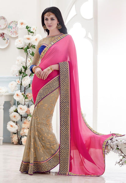 Pink Net Saree With Blouse Fancy Embroidered Sarees Lace Border For Women Party Wear Embroidered Saree