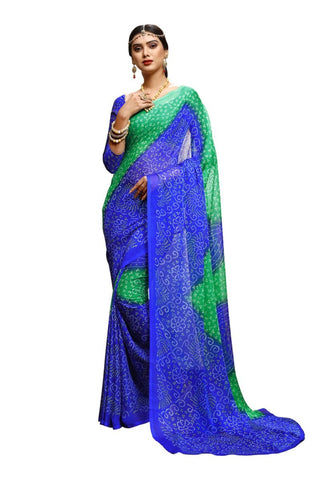 Blue And Green Two Colors Printed Chiffon Sarees Bandhani Print Saree