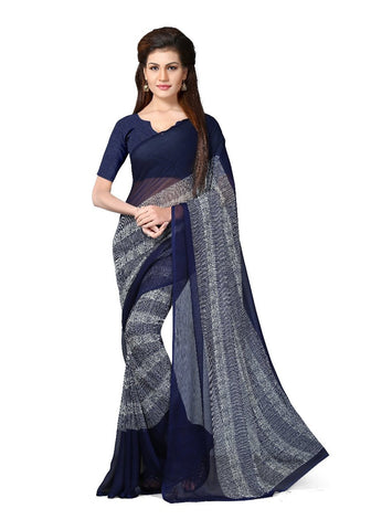 Blue Printed Chiffon Sarees Online With White Broad Border Print