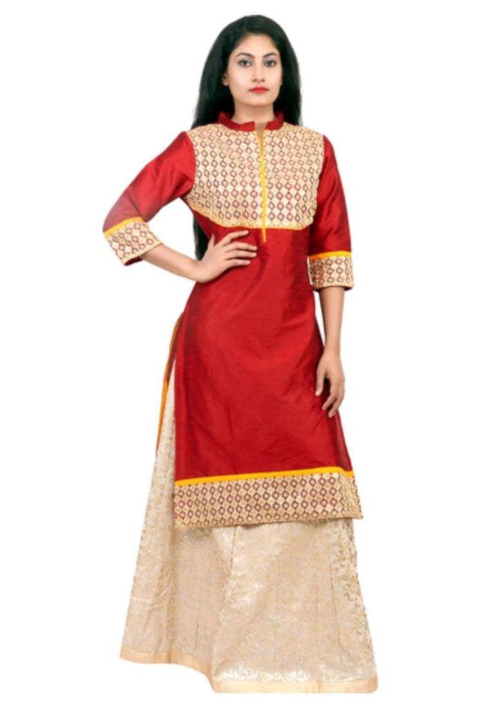 Fantastic Red Color Rayon Base Long Kurti With Silk Weave