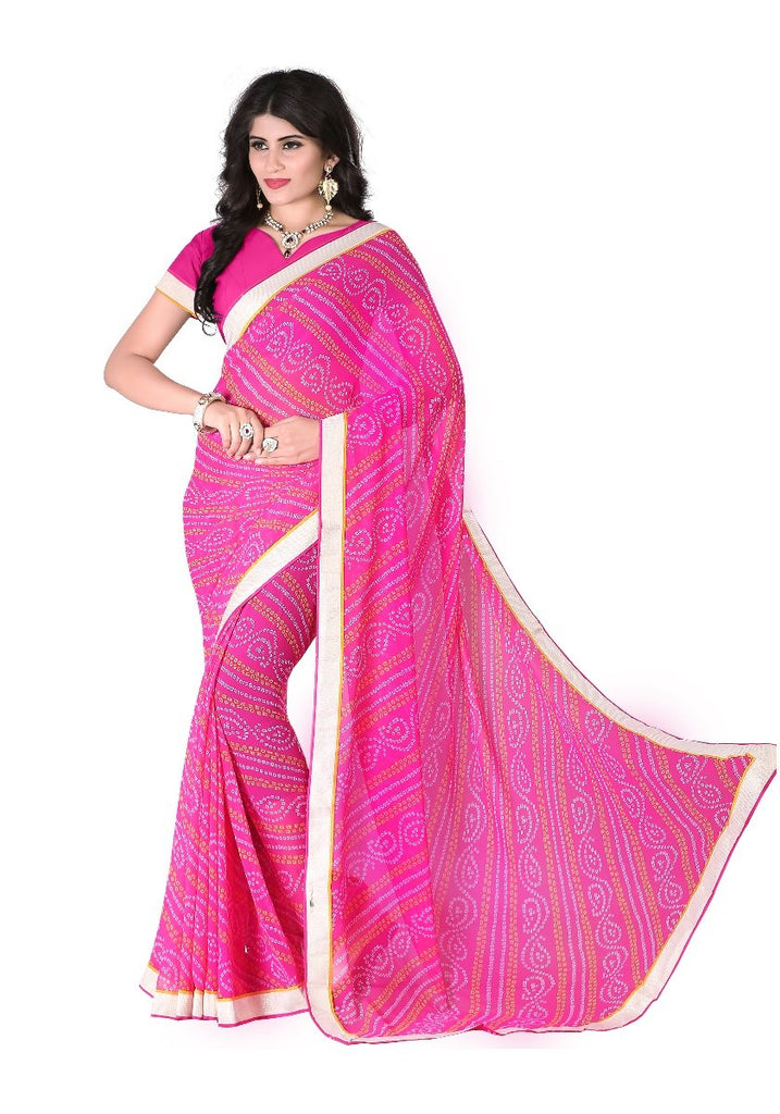 Shop Online Rajasthani Chunari Sarees Lotus Print Lace Border Bandhani Saree  – Lady India