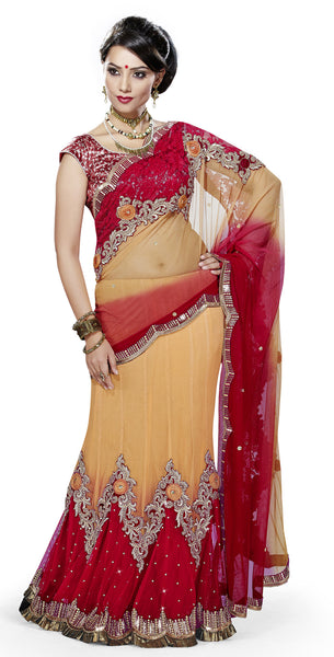 Beige & Red Bridal Lehenga Sari Net Lehenga Saree With Heavy Embroidery And Lace Work