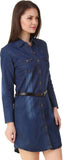 Designer Denim Shift Dark Blue Dress Belt Dress Midi Jeans Dress For Girls