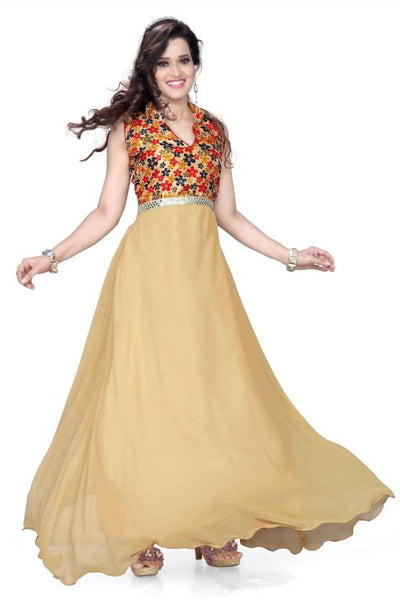 Stylish Gown Beige Color Partywear Floral Print Gowns