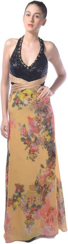 Trendy Gowns Yellow & Black Color Floral Print Gowns