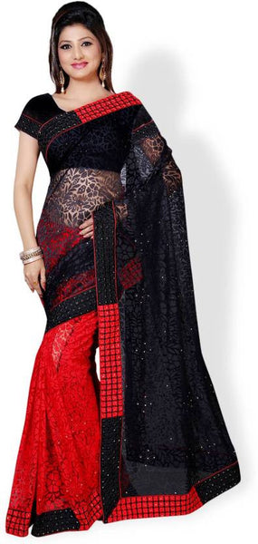 Women's Red & Black Embroidered, Self Design Bollywood Net, Brasso Sari Party Wear Net Saree