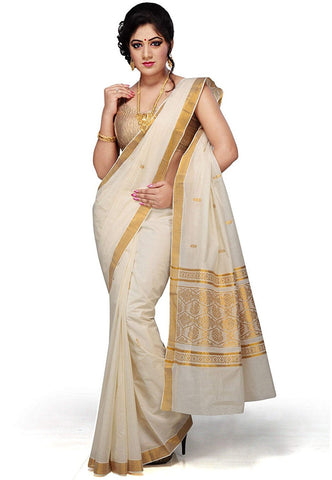 New Kerala Saree Designs - Designer White Saree With Golden Border