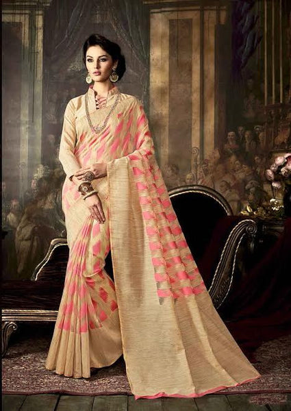 Fancy Art Silk Sarees Pink & Beige Colored Dyed Weaving Silk Printed Saree