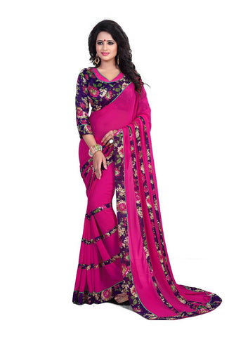 Magenta Printed Chiffon Sarees Floral Print Border & Floral Stripes With Floral Print Blouse Piece