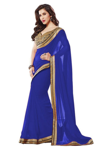 latest-blue-plain-bollywood-sarees-sophie-choudry's-bollywood-sarees-with-golden-lace-border-work