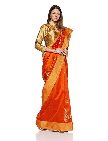 Orange Saree With Golden Border