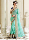 Designer Sky Blue Colored Georgette & Net Saree with Heavy Golden Border Saree