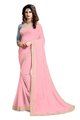 Pink Saree With Golden Border