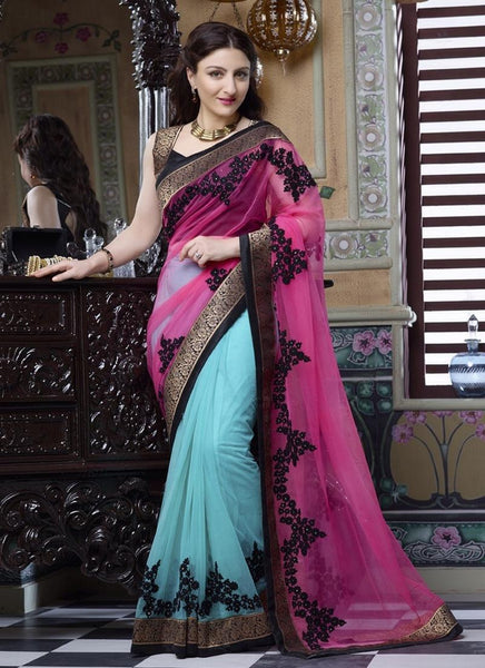 Designer Pink & Blue Soha Ali Khan Bollywood Net Saree Georgette Party Wear Saree
