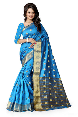 Designer Firozi Color Poly Cotton Saree With Golden Broad Border And Butti Work
