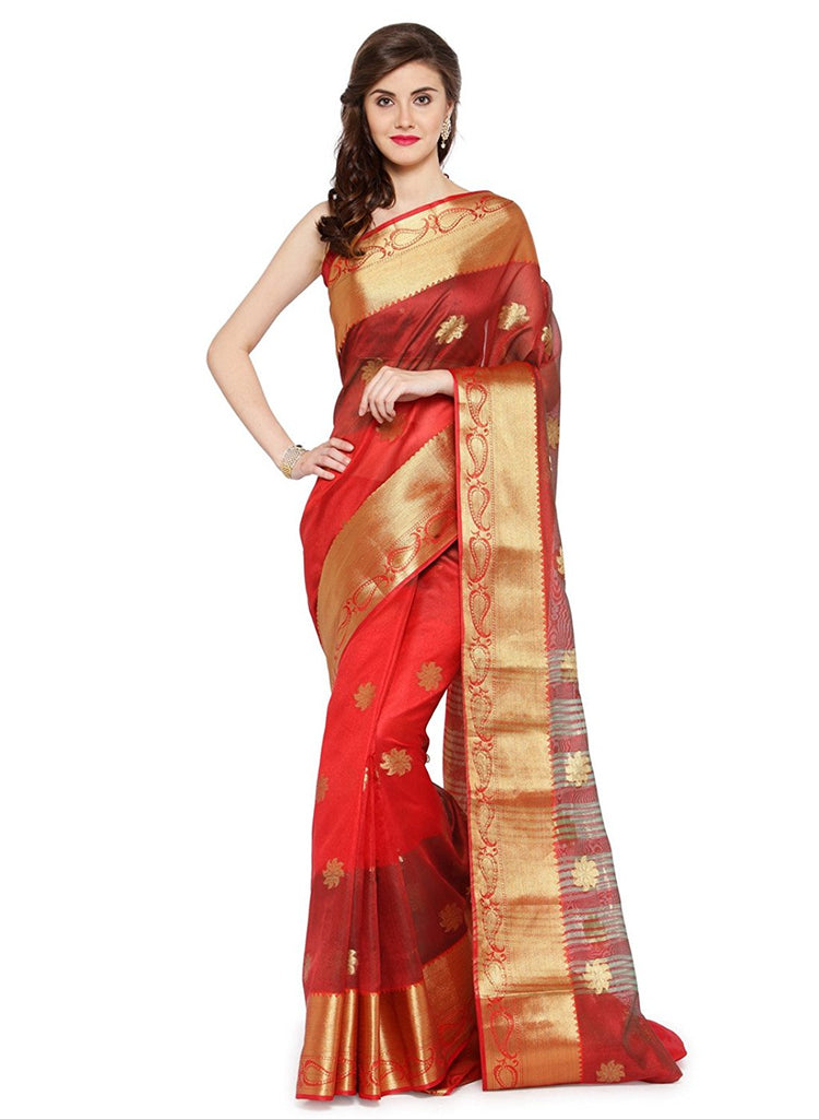 Woven Art Silk Saree in Golden and Red : SRFA1089