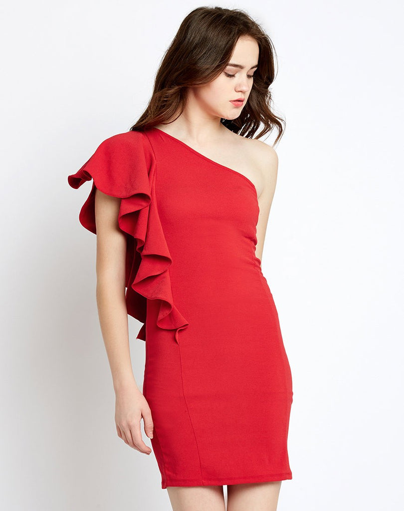 red marlana one shoulder ruffles bodycon dress in1730mtodrered 696