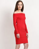 red-long-sleeve-bodycon-dress-plain-off-shoulder-designer-dress