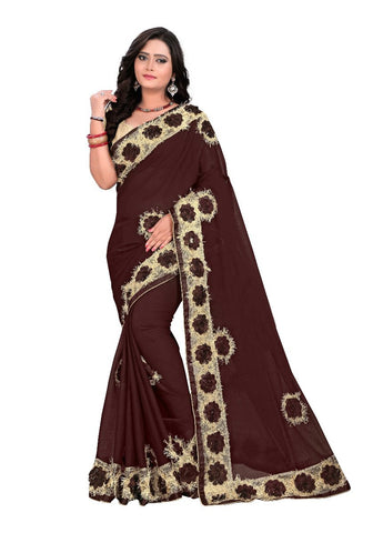 Designer Chiffon Sarees With Cream Lace with Rose Flower Embroidery Border Work