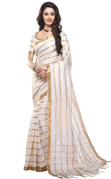 Latest Designer White Cotton Silk Sari Stripes Pattern Pure Cotton Silk Saree For Women