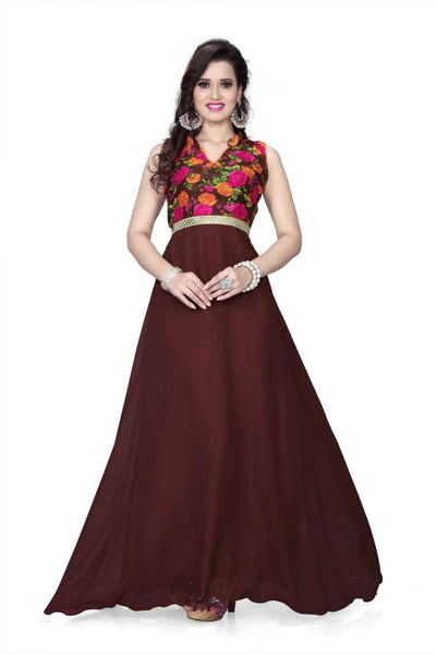 Designer Evening Gowns Brown Color Floral Print Gowns For Girl