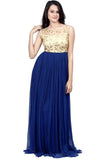 Fancy Long Gown Blue & Beige Color Gown With Golden Embroidery Work