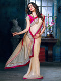 Eid Offers Beige & Red Color Bamberg Embroidery Saree With Border Work