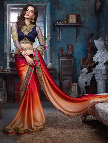 Eid Sale Partywear Red & Orange Color Pure Satin Saree With Shade Print, Embroidery & Border Work