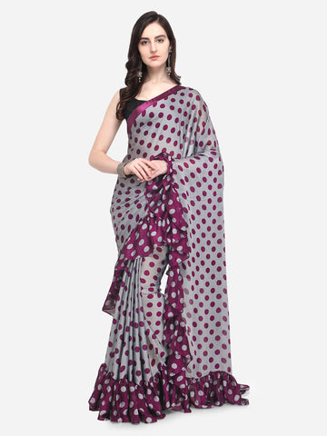 Multicolored Printed Crepe Ruffle Saree with Blouse