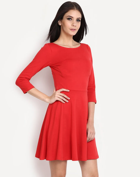 scarlet-red-dress-round-neck-full-sleeves-skater-dress-party-wear-midi-dress