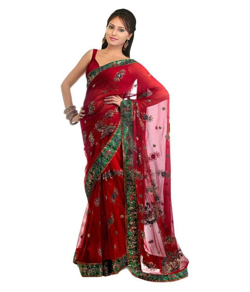 Net Saree Red Color Designer Net Sarees With Embroidery Work