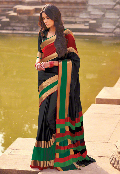Handloom Cotton Silk Saree in Black Color Multicolored Broad Border Silk Saree
