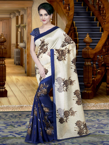 Designer Beige And Blue Casual Wear Sari Printed Pure Cotton Silk Sarees With Floral Design For Women