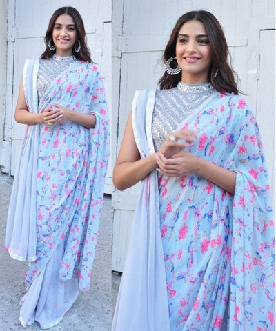 Sonam Kapoor’s Designer Sarees Neerja Promotion Designer Sari Sky Blue Digital Print Georgette Saree