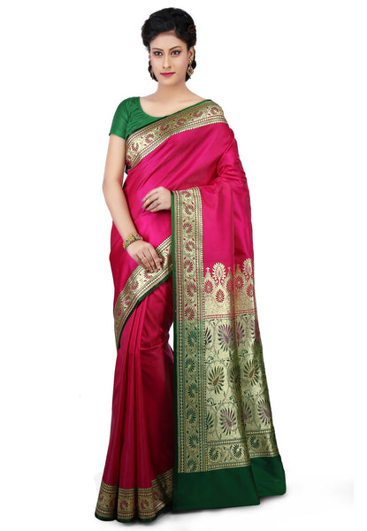 Pure-Banarasi-Silk-Fuchsia-Color-Silk-Saree-With-Kalamkari-Border