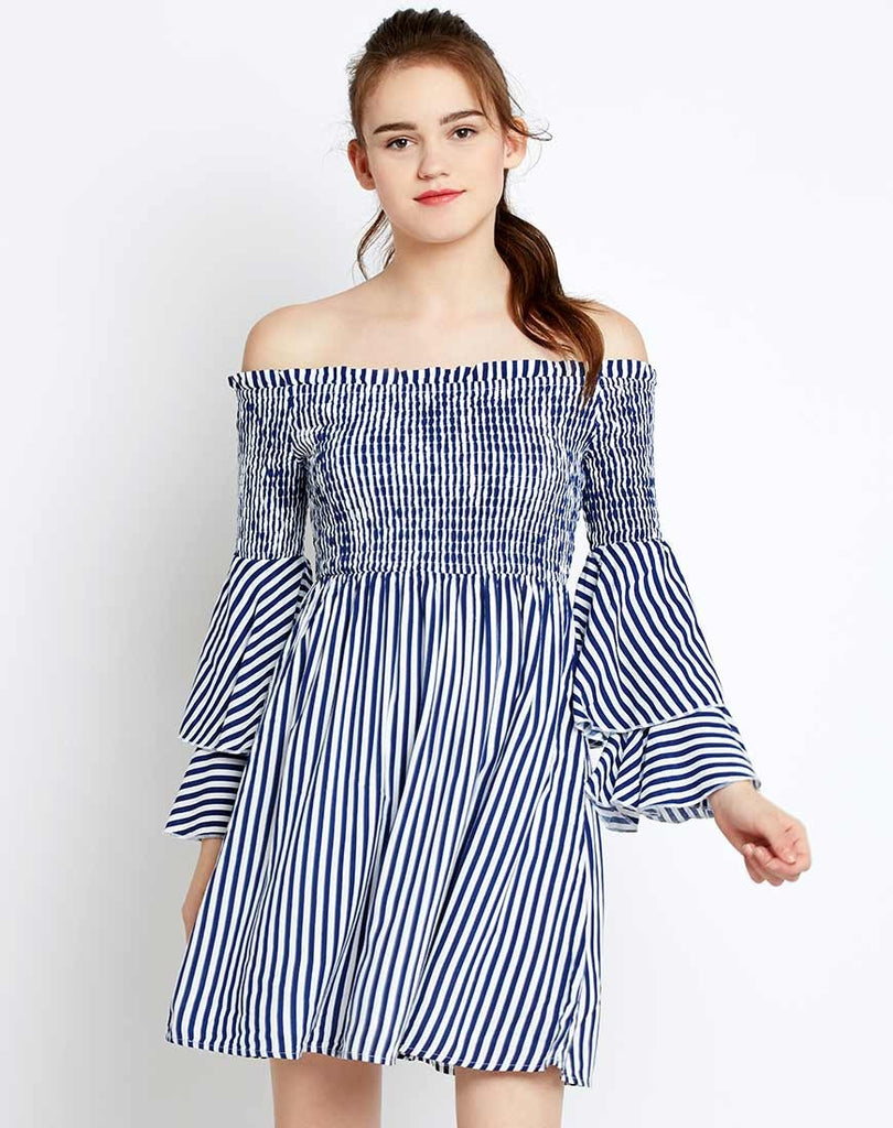 Buy Online Designer Dresses Stripes Printed Off Shoulder Bell Sleeves ...