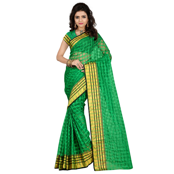 Designer Kota Silk Check Print Green Color Saree For Women