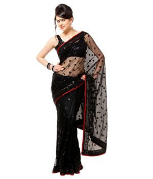 Designer Saree Bollywood Net Black Sequin Work patch work Party Wear Traditional Saree