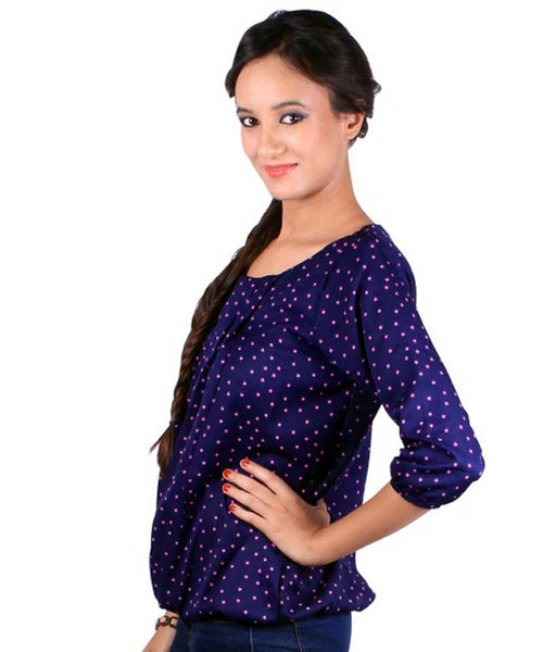 Navy Blue Color Polka Dots Peasant Polyester Round Neck Casual Top