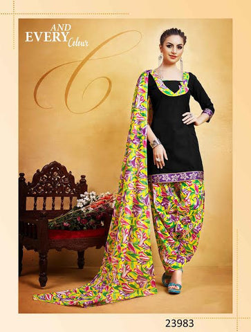 New Punjabi Suits Black Printed With Lace Border Un-Stitched Patiala Salwar Kameez