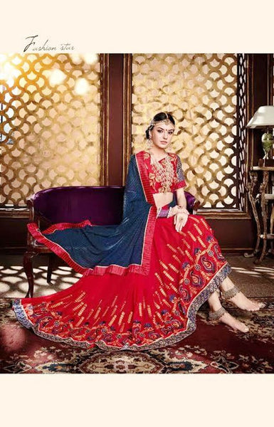 Designer Sarees Georgette Red & Navy Blue Colored With Heavy Embroidery Work