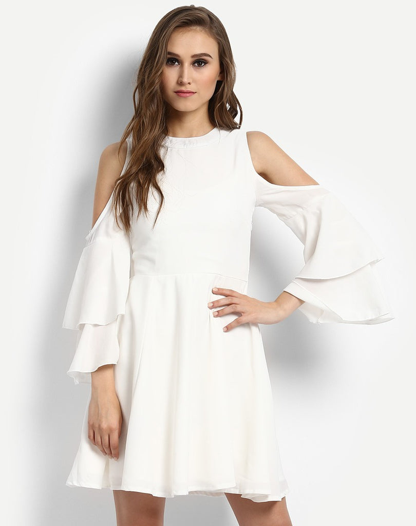 Buy Online Dresses White Cold Shoulder Skater Dress Ruffle Style Full ...