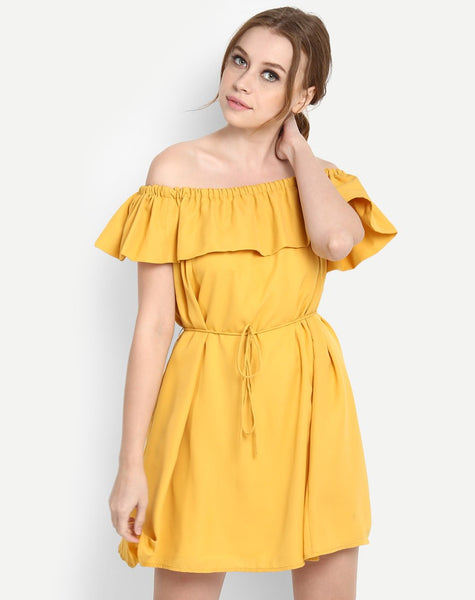 Buy Online Dresses Yellow Ruffled Off Shoulder Skater Midi Dress ...