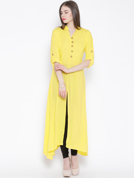 Yellow Ethnic Long Cotton Kurtis Kurtas Front Open Kurti For Girl